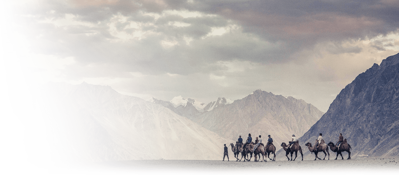 Karavana velbloudů v úpatí pohoří.